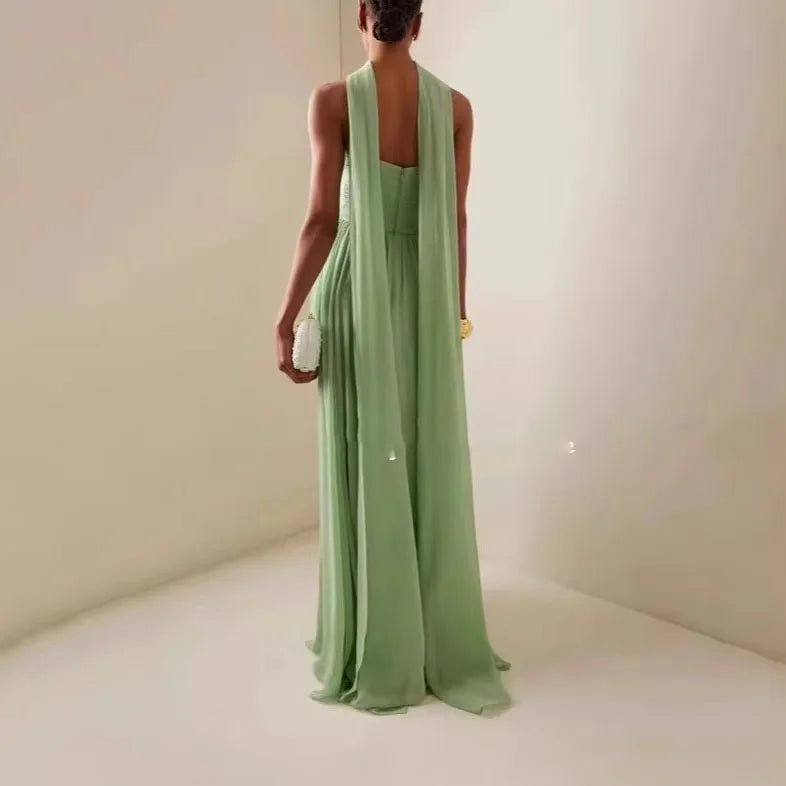 Summer Elegant Off Shoulder Lady Chic Evening Gown Sexy Green Chiffon Waist Party Long Dress Women Hollow Backless Dresses 2025