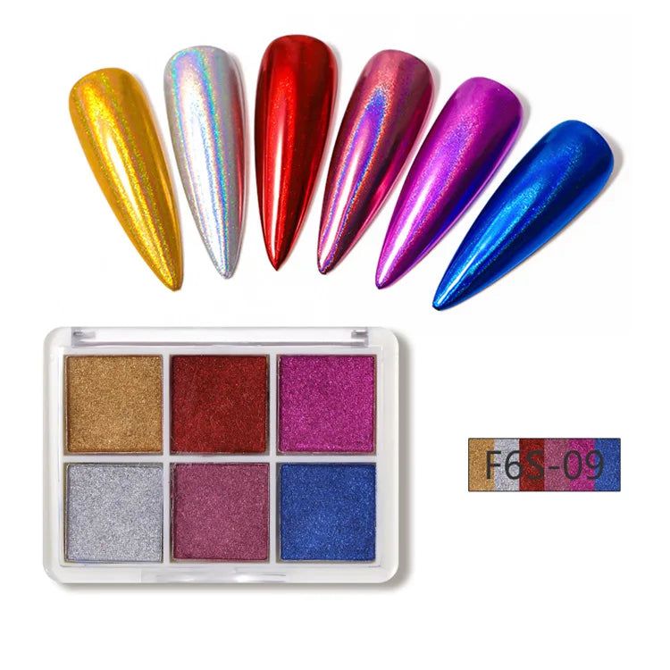 6Colors/Set Solid Magic Mirror Nail Art Powder Aurora Metallic Effect Chrome Glitter Pigment Holographic  Eye/Nails Decor Dust