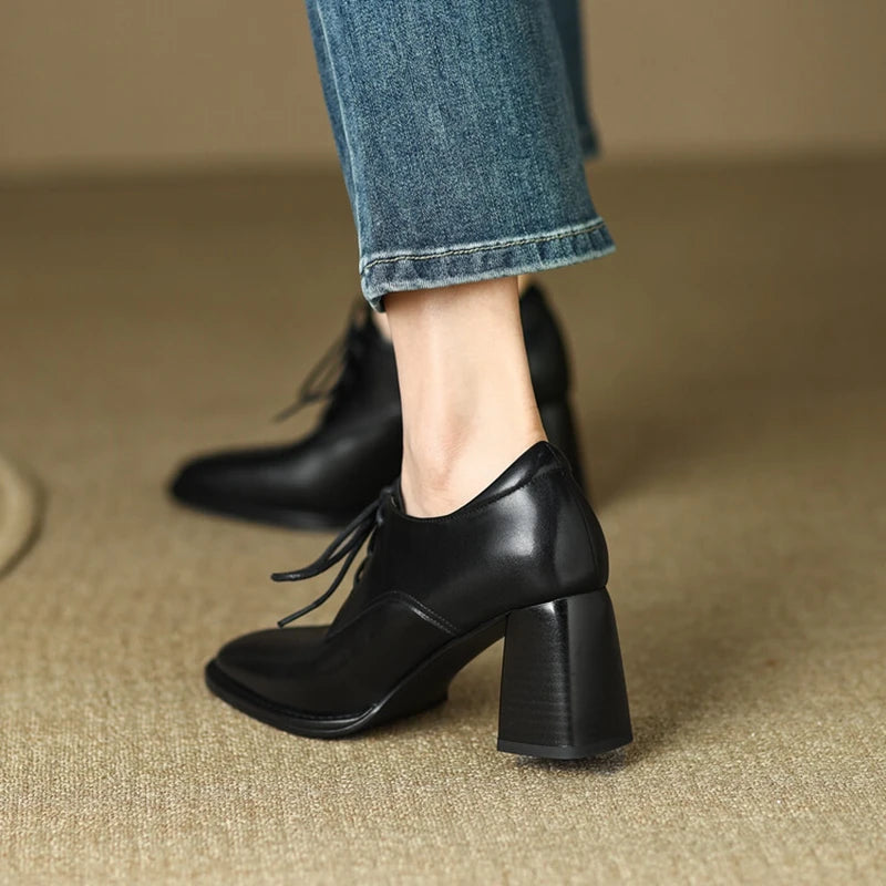 NEW Spring/Autumn Women Loafers Square Toe High heels Split Leather Chunky Heel Pumps Women Plus Size Retro Lace Up Black Shoes