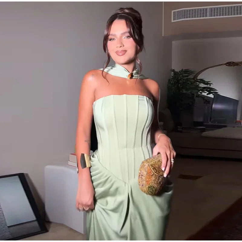 Elegant Long Dress Women Strapless Sleeveless Scarf High Waist Vestidos Female 2025 Spring Summer New Chic Lady Evening Dresses