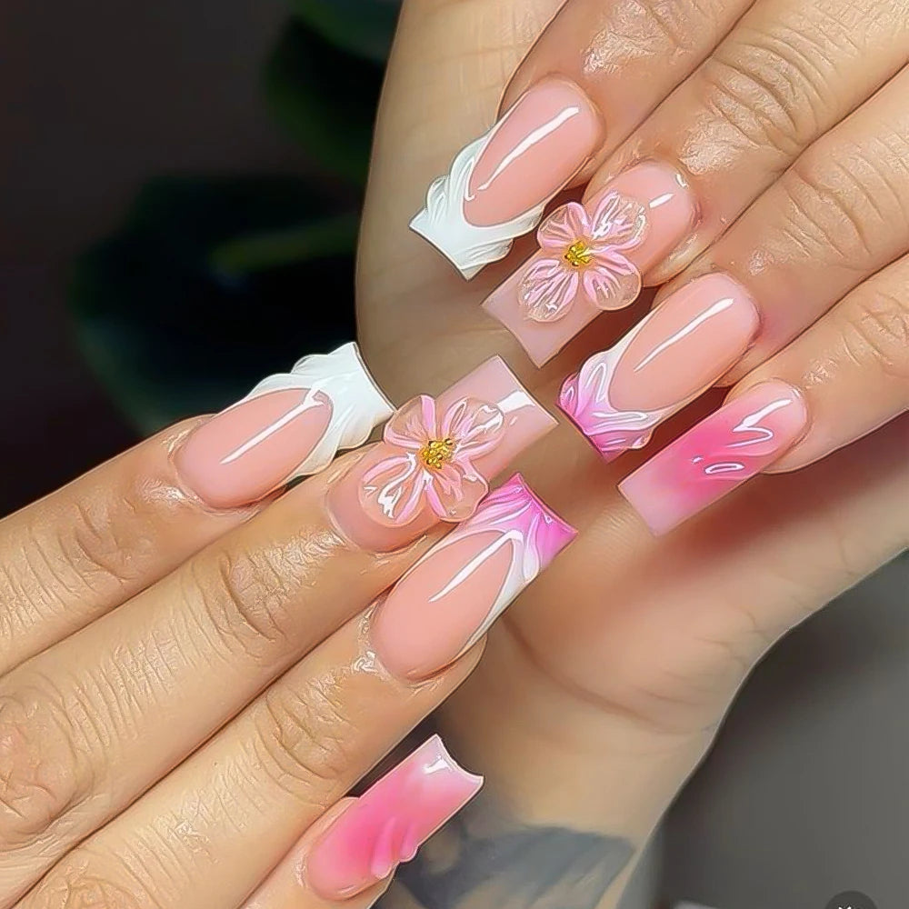24Pcs Retro Flower Long Coffin French Fake Nails Caviar Bead Floral Gold Hollow Design Press On Nail Tips Y2k Acrylic 2030