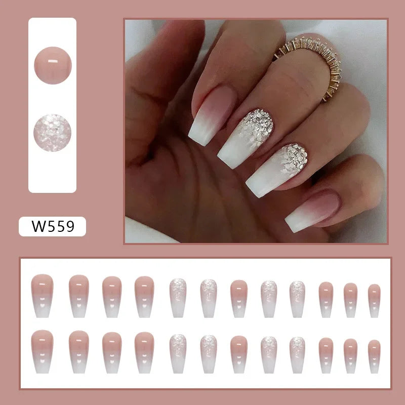 New Short Ballet 24 Pcs Fake Nail with Jelly sticker Press on False Nails Wearable Round Head Oval Full Cover Nail Tips