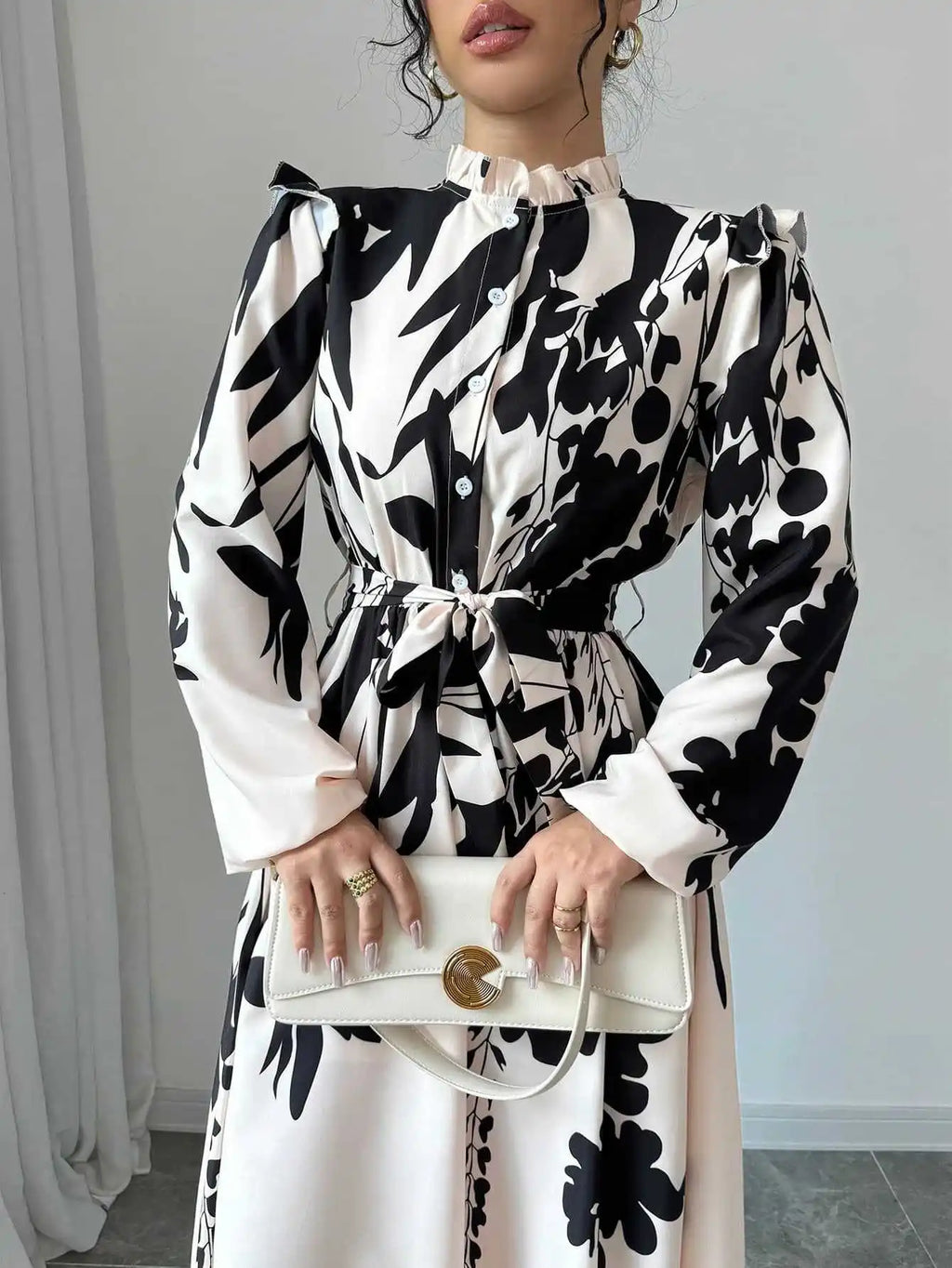 Dresses For Women Black And White Flowers Print Long Sleeve Ruffled Collar Elegant Dress Lace Up A-Line Dress 2026 Spring New