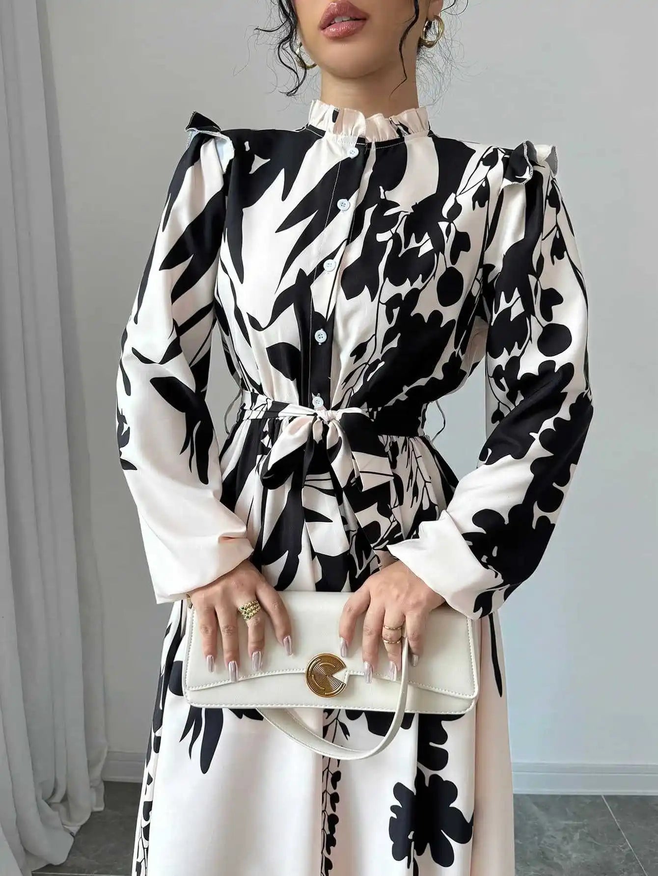 Dresses For Women Black And White Flowers Print Long Sleeve Ruffled Collar Elegant Dress Lace Up A-Line Dress 2026 Spring New