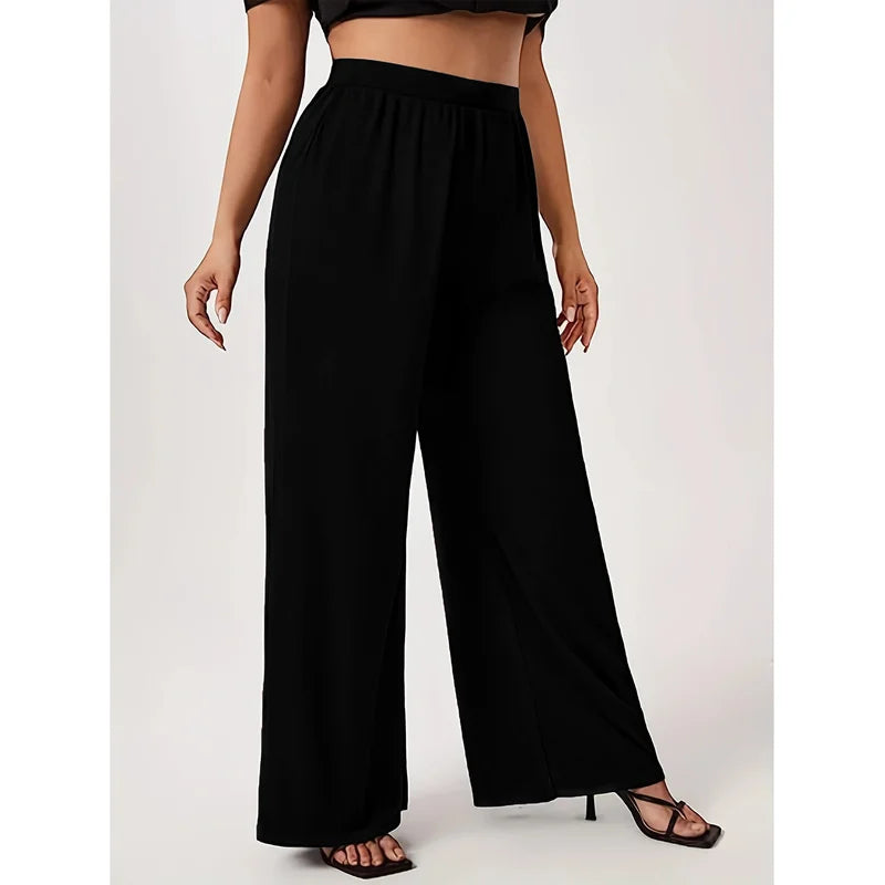  2025 Trendy Classy Wide Leg Pants Women Solid Black Regular Waist Comfortable Slimming Office Daily Wear 