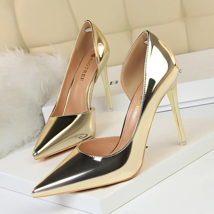 Women 10.5cm High Heels Pumps Lady Stripper Stiletto Metallic Leather Scarpins Wedding Heels Catwalk Party Silver Gold Shoes