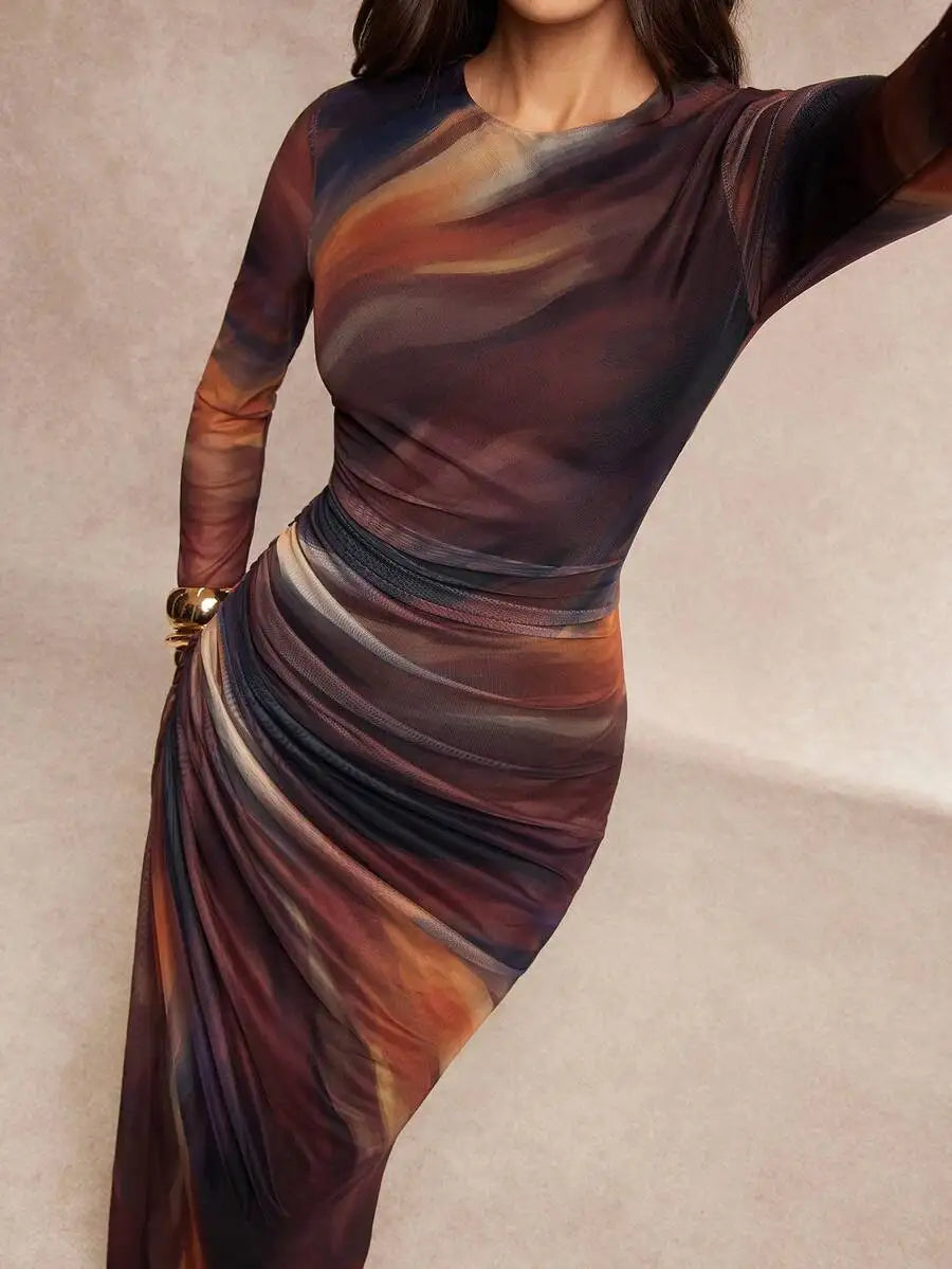 Womens Brown Tie-Dye Mesh Long Sleeve Ruched Waist Dress