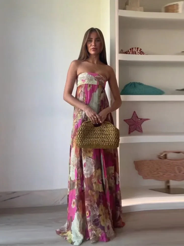 Printed Pleated Vacation Summer Long Dress Women Patchwork Sleeveless Backless Sexy Party Loose Zipper Robe Street Floor Dresses
