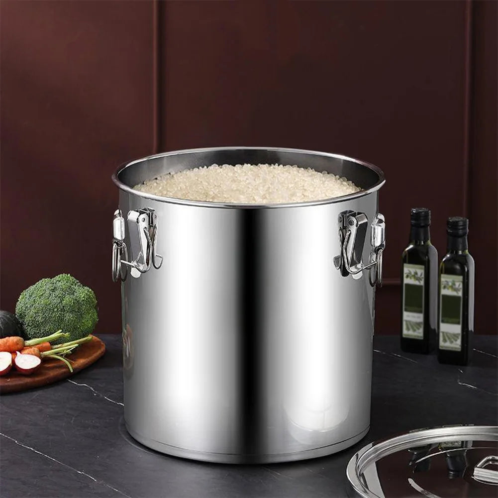 6/12/21/33L 304 Stainless Steel Airtight Canister with Locking Clamp for Rice Grain Oil Sugar Storage Bucket Kitchen Container