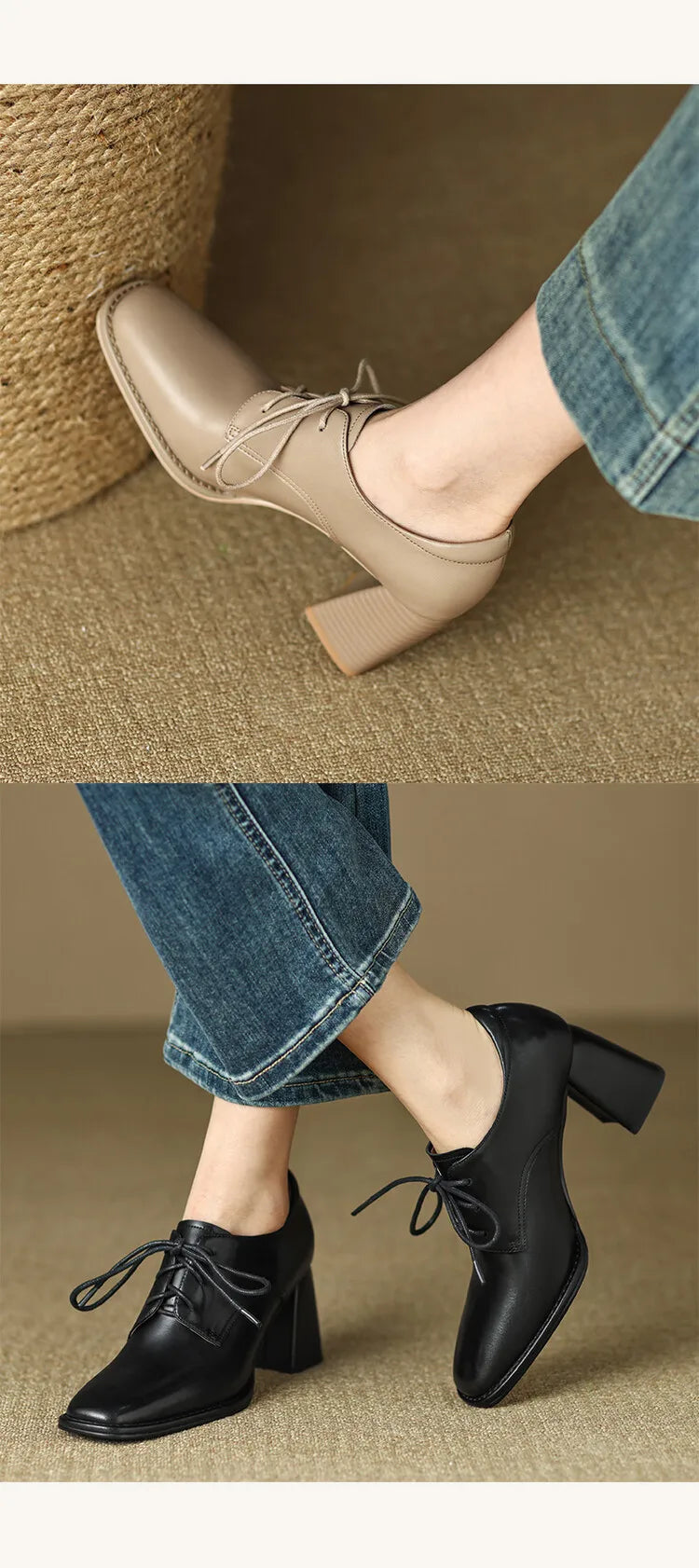 NEW Spring/Autumn Women Loafers Square Toe High heels Split Leather Chunky Heel Pumps Women Plus Size Retro Lace Up Black Shoes