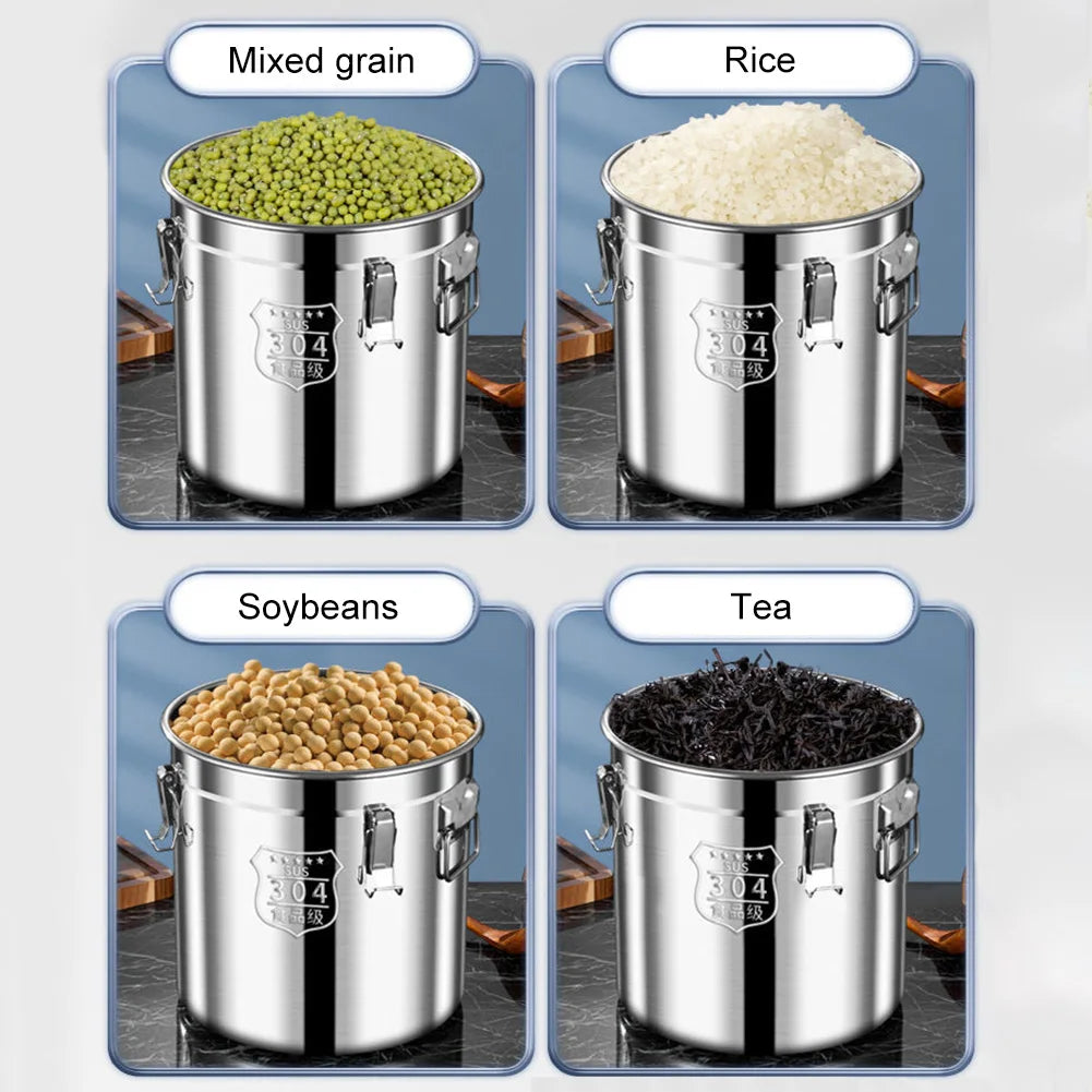 6/12/21/33L 304 Stainless Steel Airtight Canister with Locking Clamp for Rice Grain Oil Sugar Storage Bucket Kitchen Container