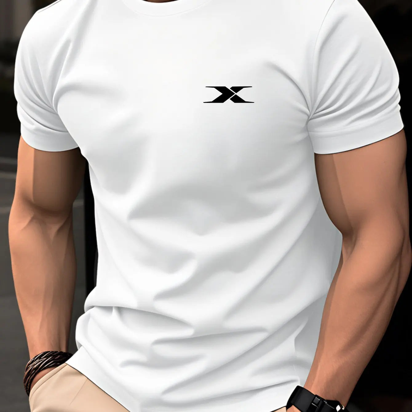 Men White T-Shirt Minimalist X Logo Print, Casual O-Neck Short Sleeve Tees, Streetwear Slim Fit Cotton Tops For Men Daily Summer