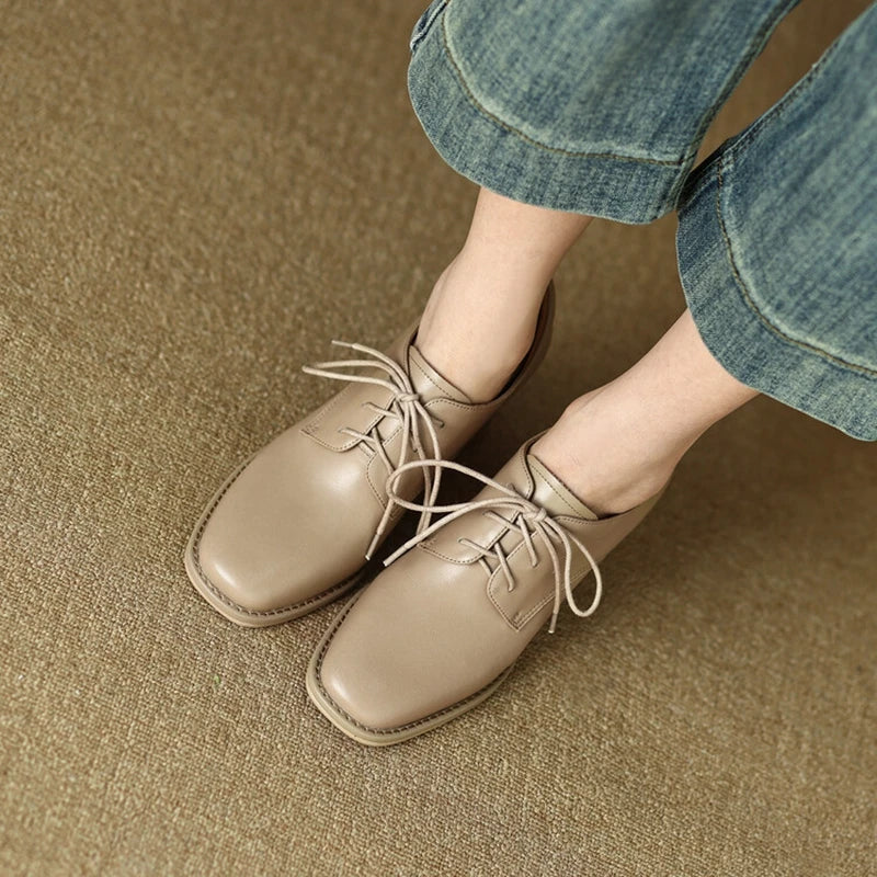 NEW Spring/Autumn Women Loafers Square Toe High heels Split Leather Chunky Heel Pumps Women Plus Size Retro Lace Up Black Shoes