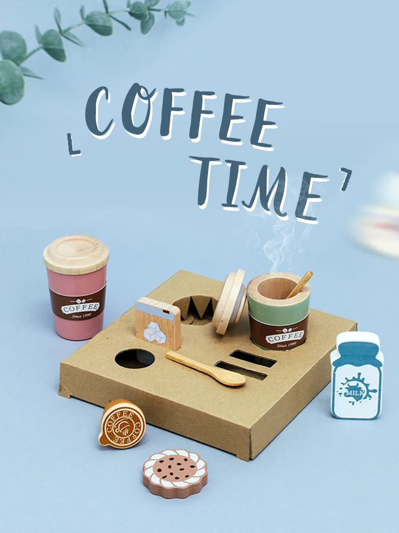 Kids Wooden Coffee Toy Set Toddler Pretend Play Kitchen Accessories Gift for Children House Play Early Educational Toys for Kids