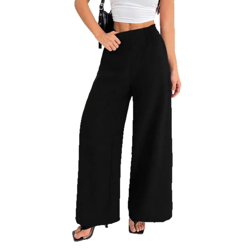 Cross-Border Women's Wide Leg Pants Elastic Pure Color Loose Fit Trousers Fresh Sweet Style Polyester Fabric Casual Pants