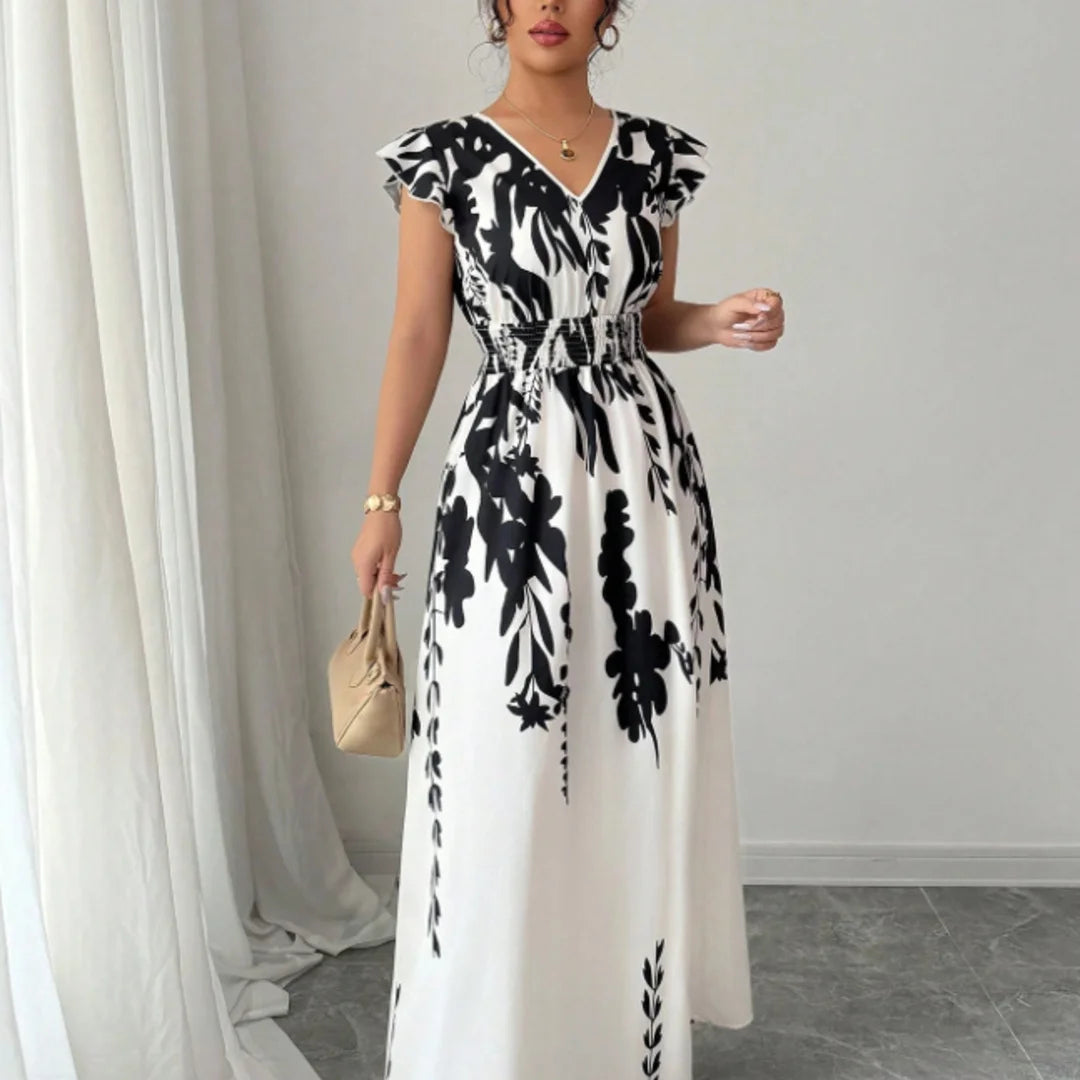 Plus Size Black White Floral Print Maxi Dress Women V-Neck Ruffle Sleeve Smocked Waist Slit Dress