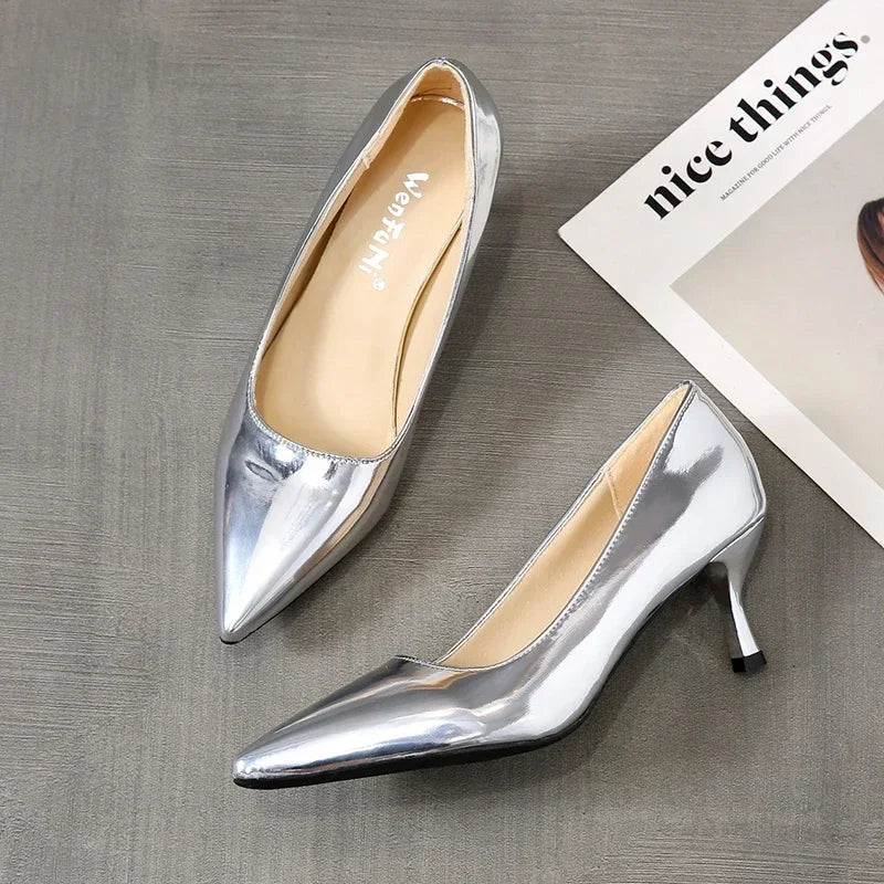2026 New Lady Pointe Toe Gold Silver Pumps Female Wedding Bridal Shoes  Fashion Women Patent Leather High Heels Plus Size 45