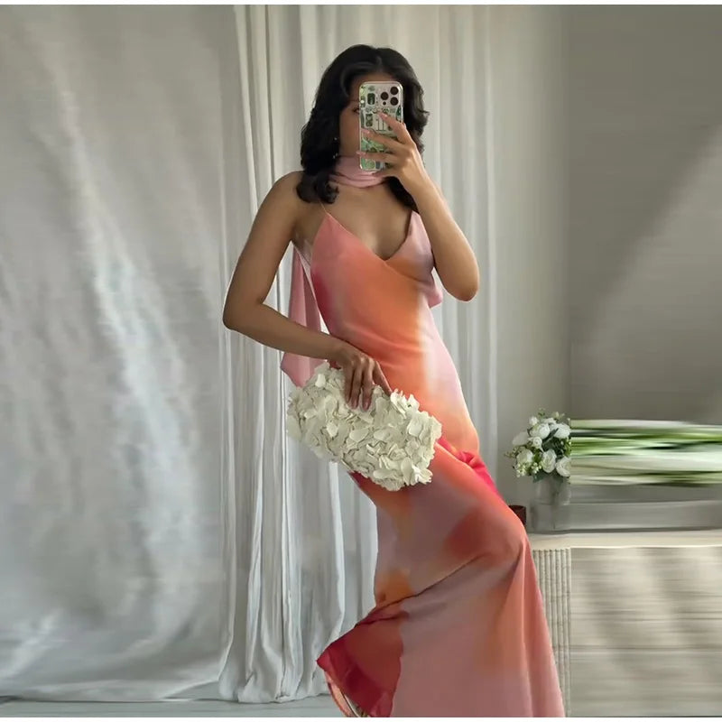 Elegant Tie Dye Printed Long Dress Women Ribbon V-neck Sleeveless Slim Sling Dresses 2025 Summer Lady Chic Beach Vacation Robes