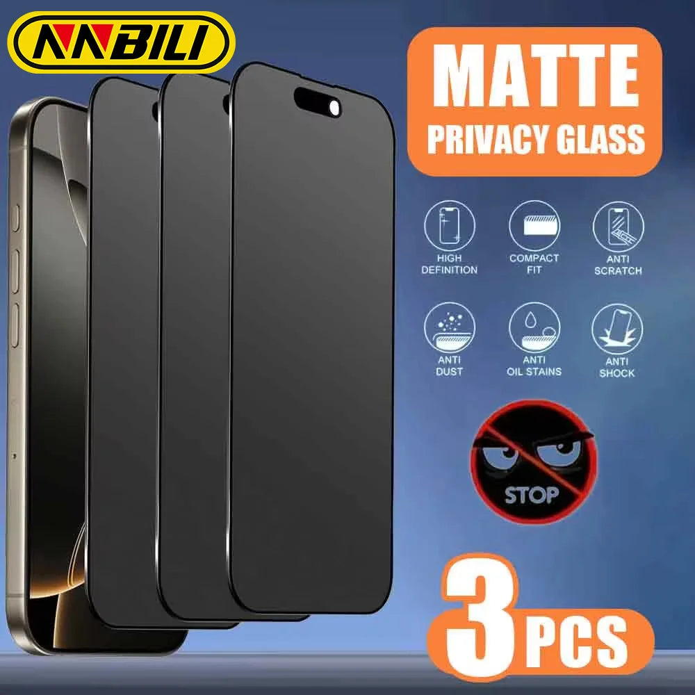 NNBILI 3pcs Full Cover Matte Privacy Screen Protector For iPhone 17 16 15 14 13 12 11 Pro Max Plus Mini X XS Anti-Peeping Glass
