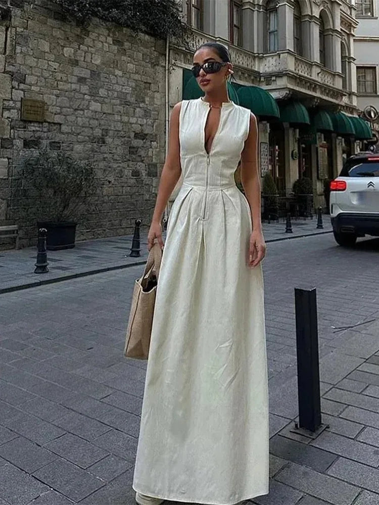 Fashion Sleeveless Spliced Zipper Long Dress Elegant V-neck High Waist Slim Pleated Maxi Dresses Summer Office Lady Street Robes