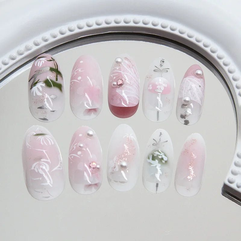 24Pcs Pink Almond False Nails Butterfly Ballet with French Design Wearable Fake Nails Simple Artificial Press on Nails Tips Art