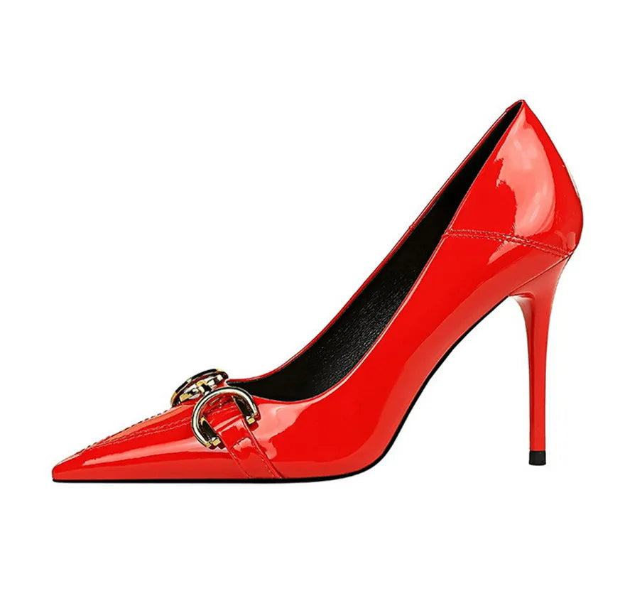 Red White Metal Buckle Wedding Shoes Women 2026 New Patent Leather Shallow High Heels Pumps Fashion Pointy Toe Party Shoes Woman
