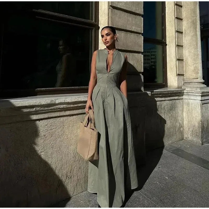 Fashion Sleeveless Spliced Zipper Long Dress Elegant V-neck High Waist Slim Pleated Maxi Dresses Summer Office Lady Street Robes