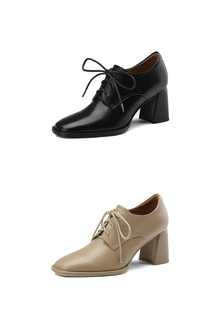 NEW Spring/Autumn Women Loafers Square Toe High heels Split Leather Chunky Heel Pumps Women Plus Size Retro Lace Up Black Shoes