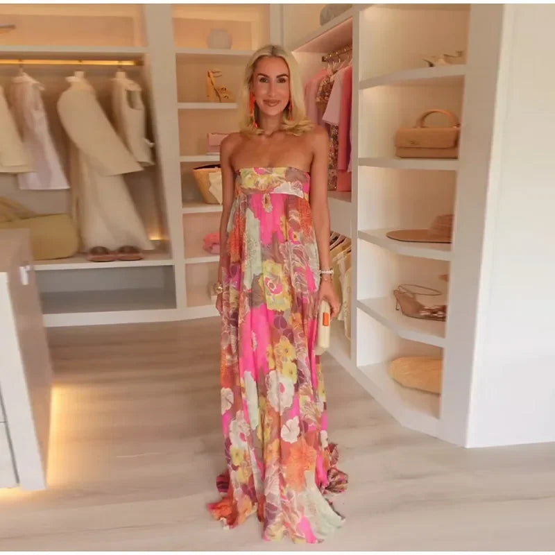 Printed Pleated Vacation Summer Long Dress Women Patchwork Sleeveless Backless Sexy Party Loose Zipper Robe Street Floor Dresses