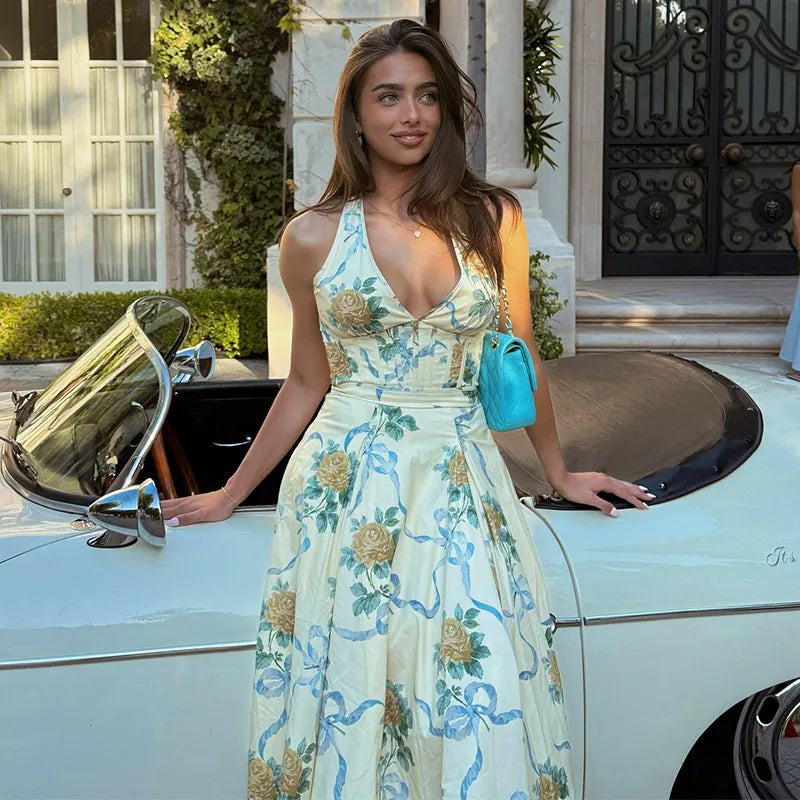 Elegant Print Halter Long Dress Women Sleeveless Backless Pleated A-line Holiday Dresses 2025 Summer Lady Slim Floral Beach Robe