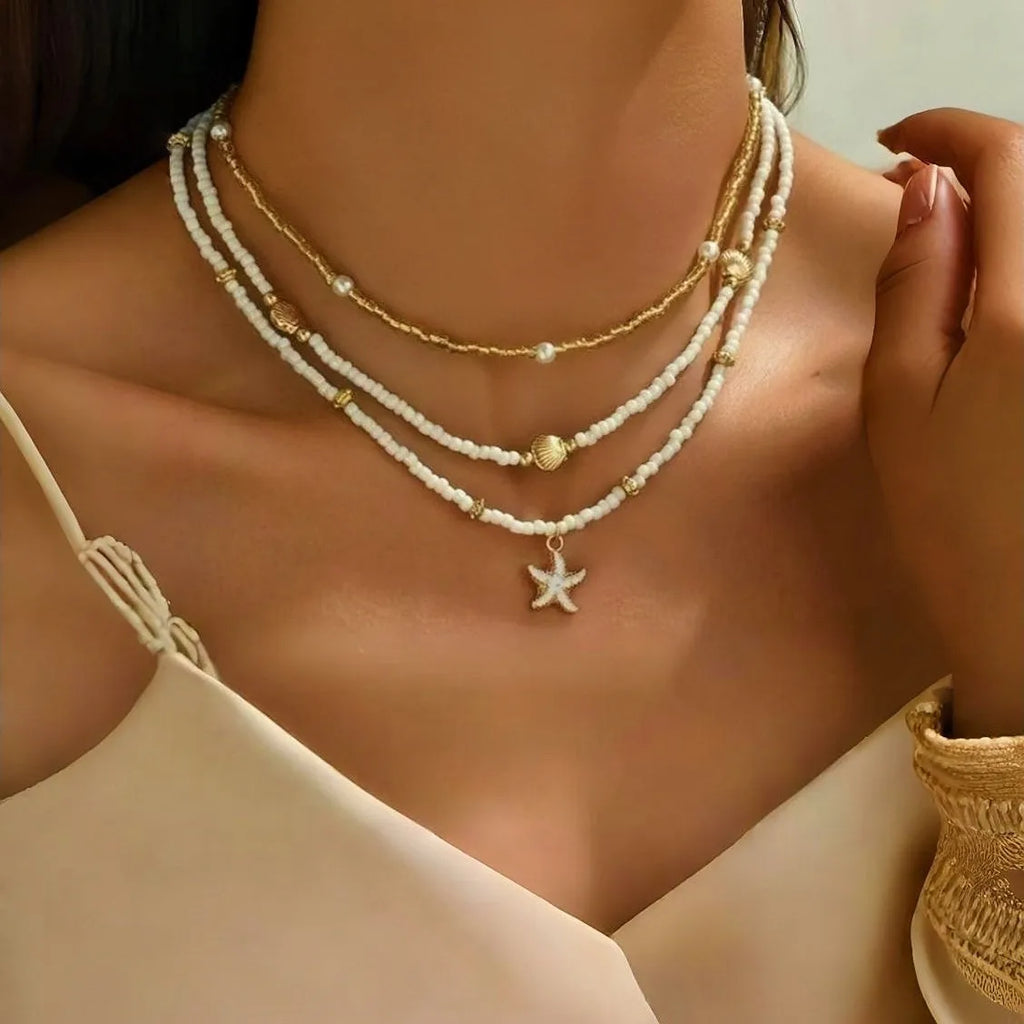 Bohemian Handmade Bead Stacked Choker Delicate Starfish Shell Pendant Necklace Women's Summer Beach Party Vacation Jewelry