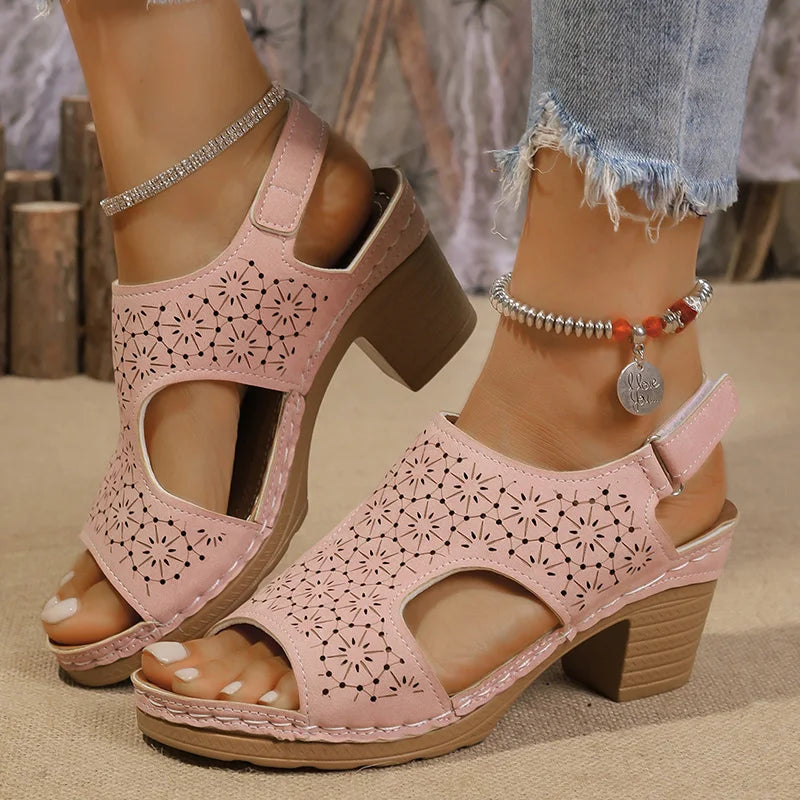 Hollow Out Women's High Heels Sandals Summer Hook Loop Thick Heeled Platform Sandles Casual Anti-Slip Beach Sandals Plus Size