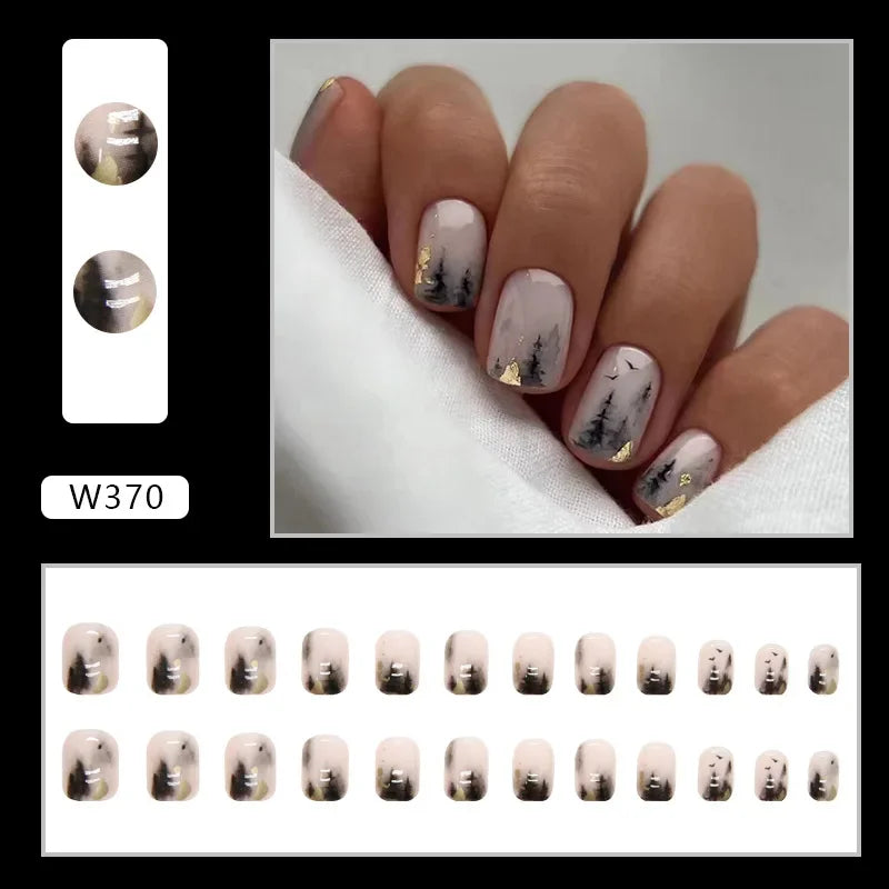 New Short Ballet 24 Pcs Fake Nail with Jelly sticker Press on False Nails Wearable Round Head Oval Full Cover Nail Tips