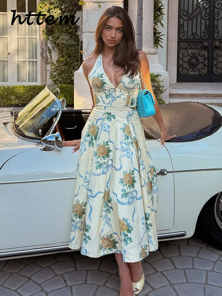 Elegant Print Halter Long Dress Women Sleeveless Backless Pleated A-line Holiday Dresses 2025 Summer Lady Slim Floral Beach Robe