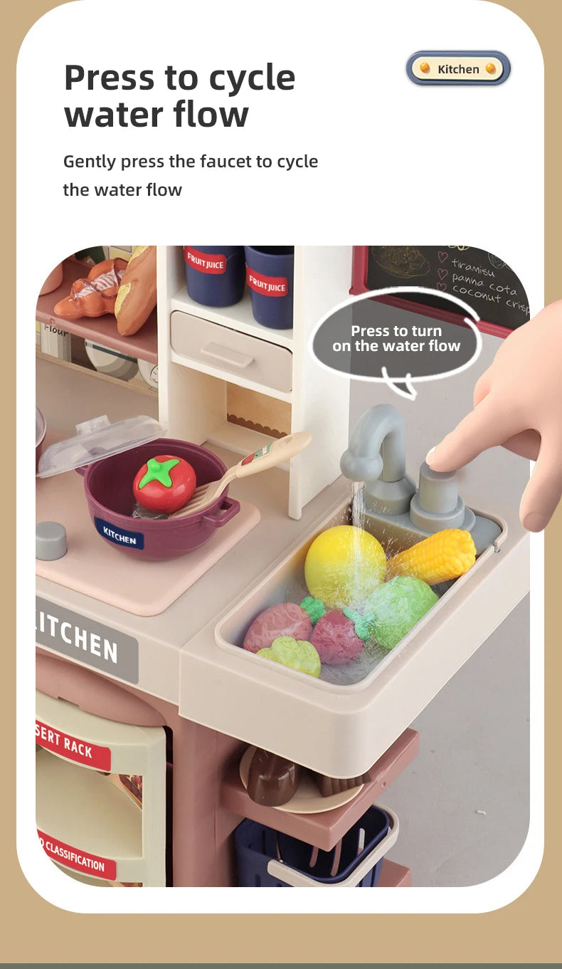 Children Kitchen Toys Set Simulated Tableware Kitchen Counter Play Set with Lights Spray DIY Toy for Girls Kids Birthday Gifts