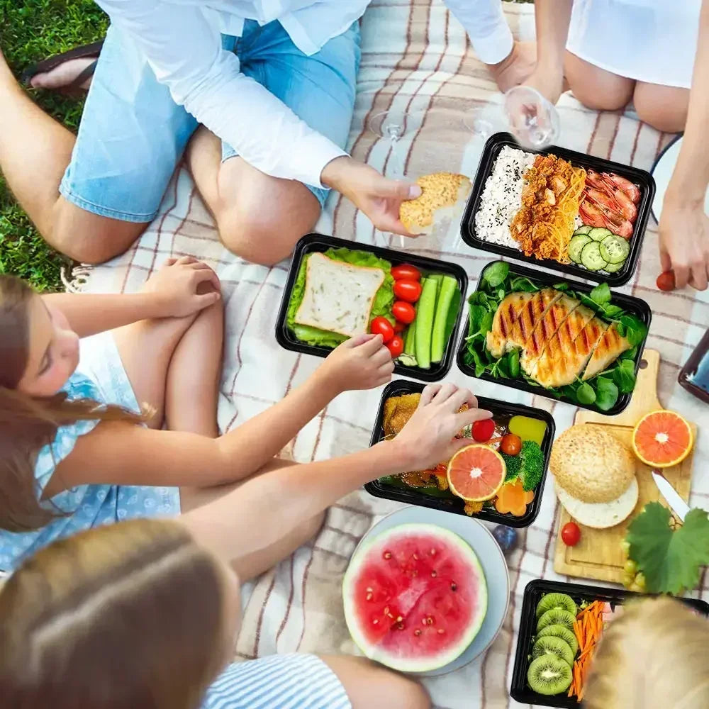 20 PCS/1000ml Thickened Disposable Takeout Lunch Box Tableware Can Be Heated Rectangular Black Plastic Bowl Food Packaging