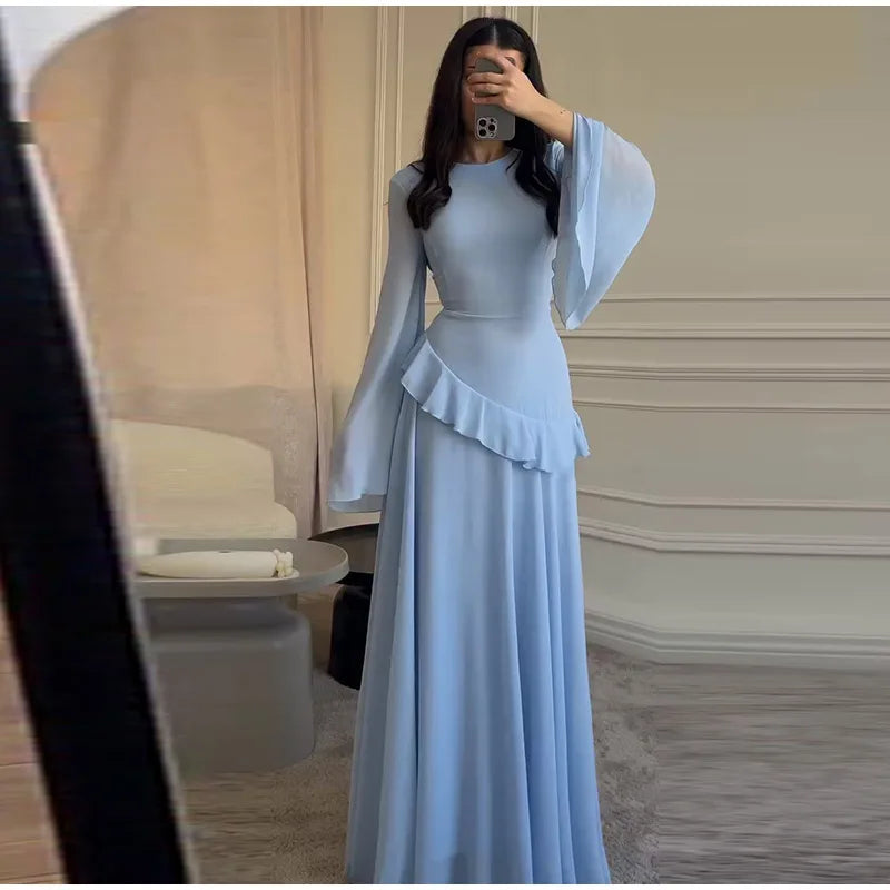 Fashion Flare Sleeve Ruff Long Dress Women Solid O-neck High Waist Slim Pleated Maxi Dresses 2025 Lady Summer Chic Party Robes