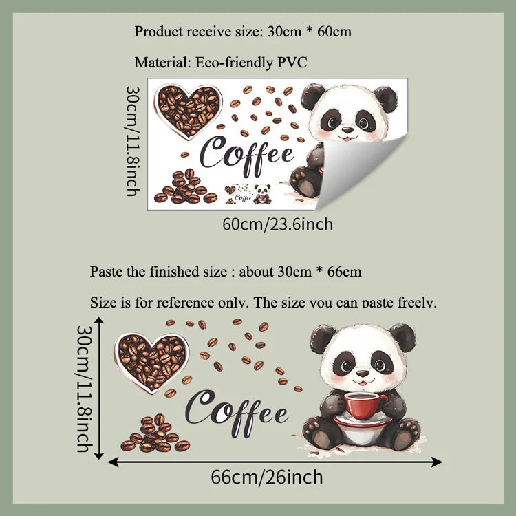 Cartoon Panda Drinking Coffee Wall Sticker Living Room Kitchen Background Decoration Mural Cafe Home Decor Self-adhesive Decals