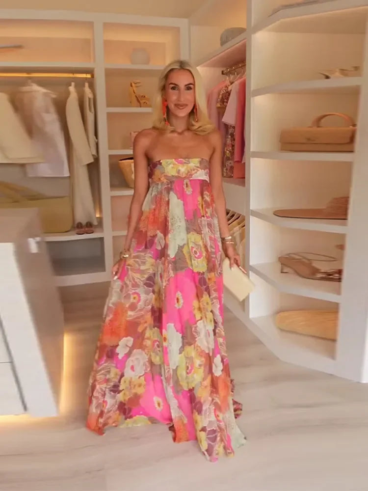 Printed Pleated Vacation Summer Long Dress Women Patchwork Sleeveless Backless Sexy Party Loose Zipper Robe Street Floor Dresses