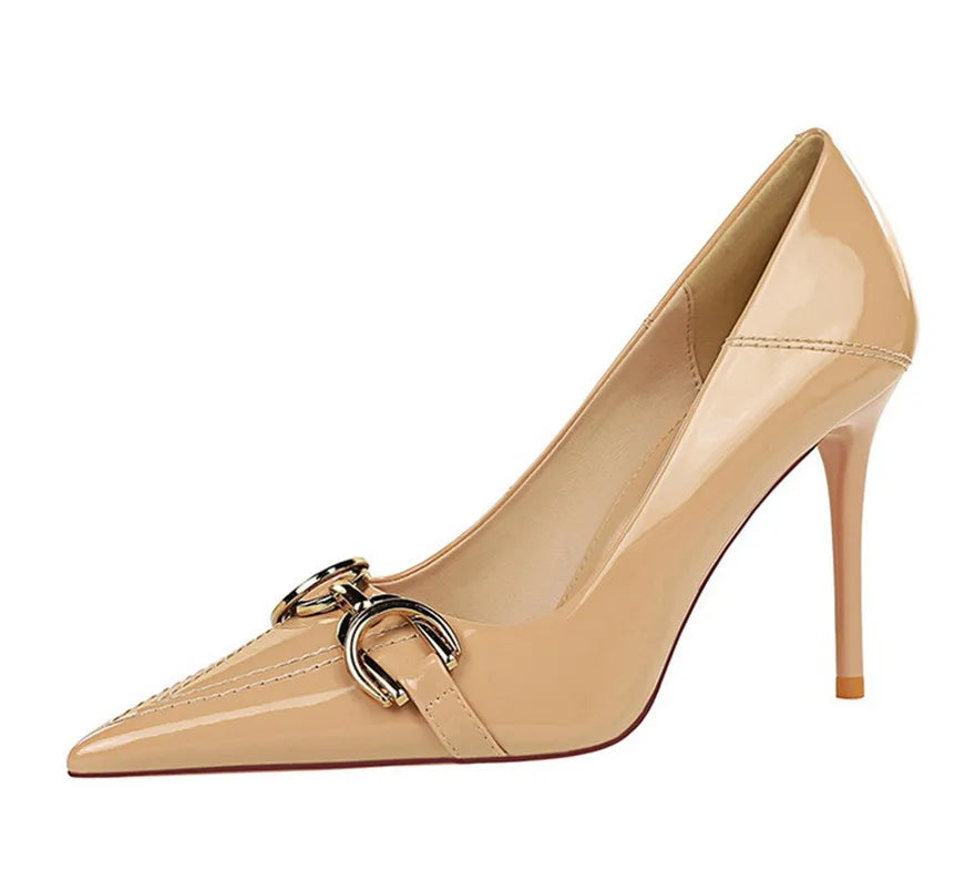 Red White Metal Buckle Wedding Shoes Women 2026 New Patent Leather Shallow High Heels Pumps Fashion Pointy Toe Party Shoes Woman