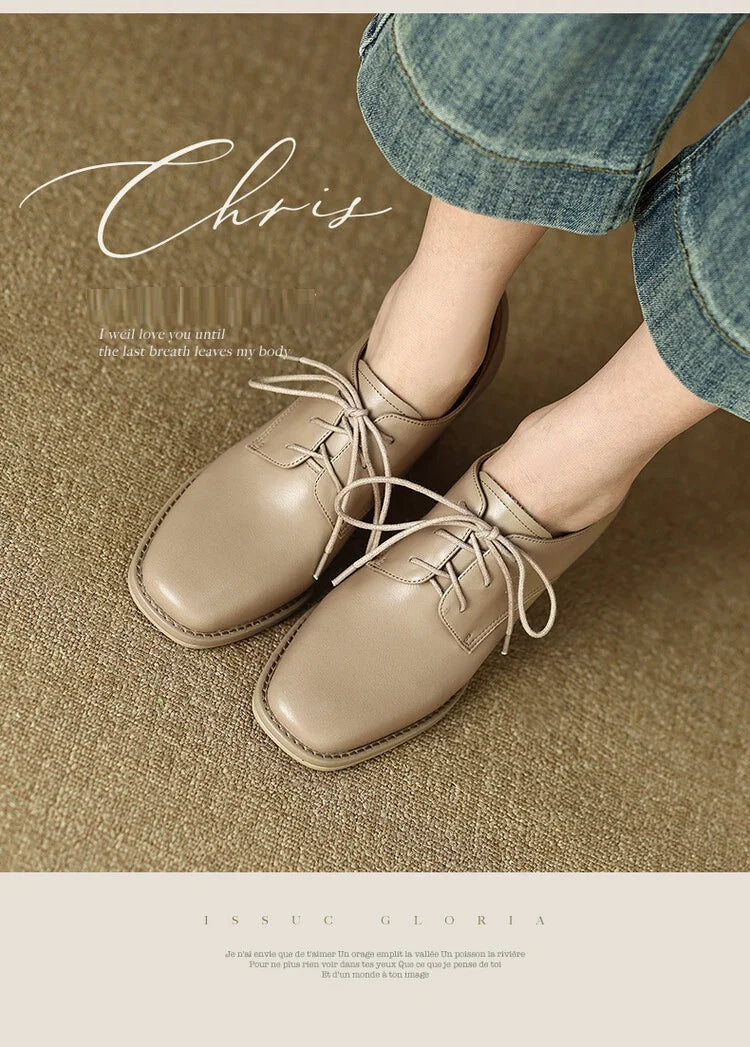 NEW Spring/Autumn Women Loafers Square Toe High heels Split Leather Chunky Heel Pumps Women Plus Size Retro Lace Up Black Shoes