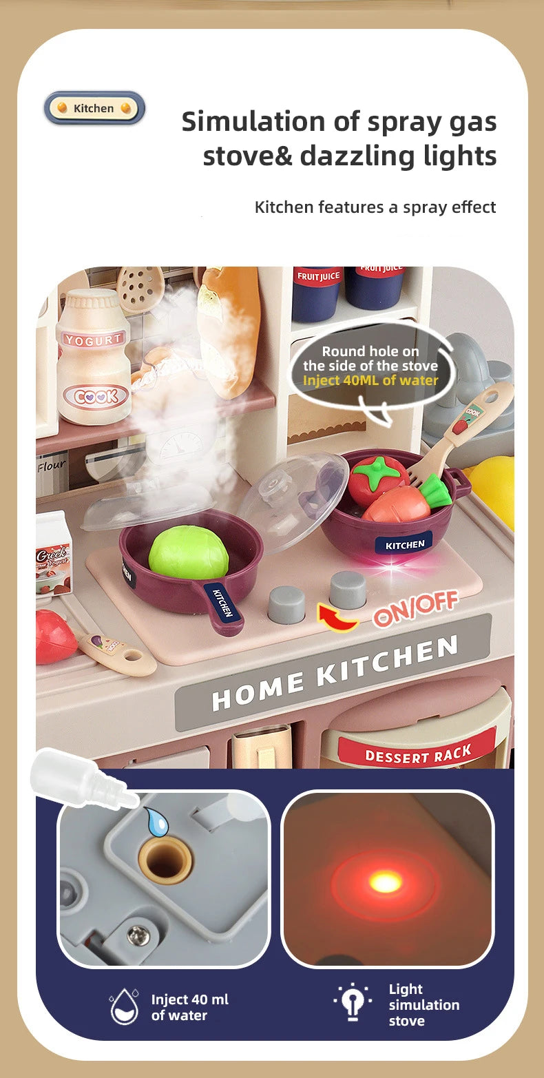 Children Kitchen Toys Set Simulated Tableware Kitchen Counter Play Set with Lights Spray DIY Toy for Girls Kids Birthday Gifts
