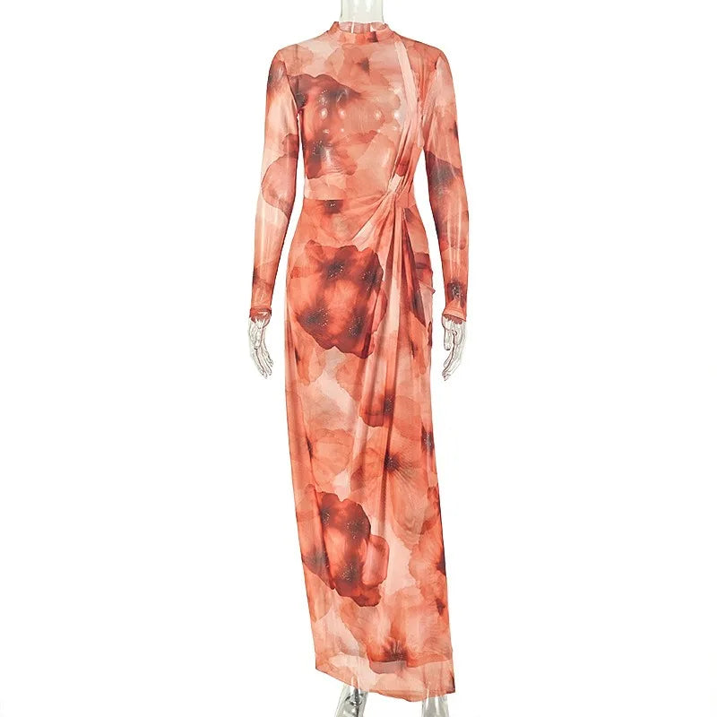 Women's Retro Print O-Neck Long Sleeve Pleated Hips Wrapped Long Dress