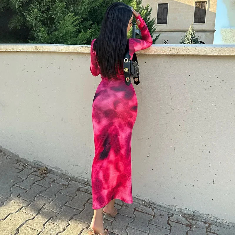Women's Summer Long Dress Elegant O Neck Long Sleeve Evening Dress Women Fashion Tie-dye Street Vacation Party Club Long Dresses