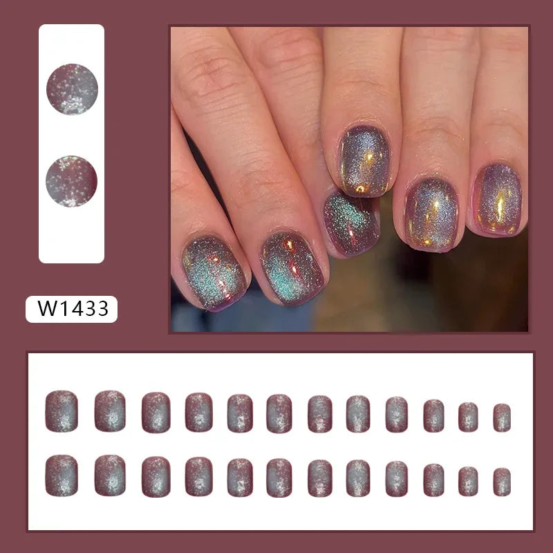 New Short Ballet 24 Pcs Fake Nail with Jelly sticker Press on False Nails Wearable Round Head Oval Full Cover Nail Tips