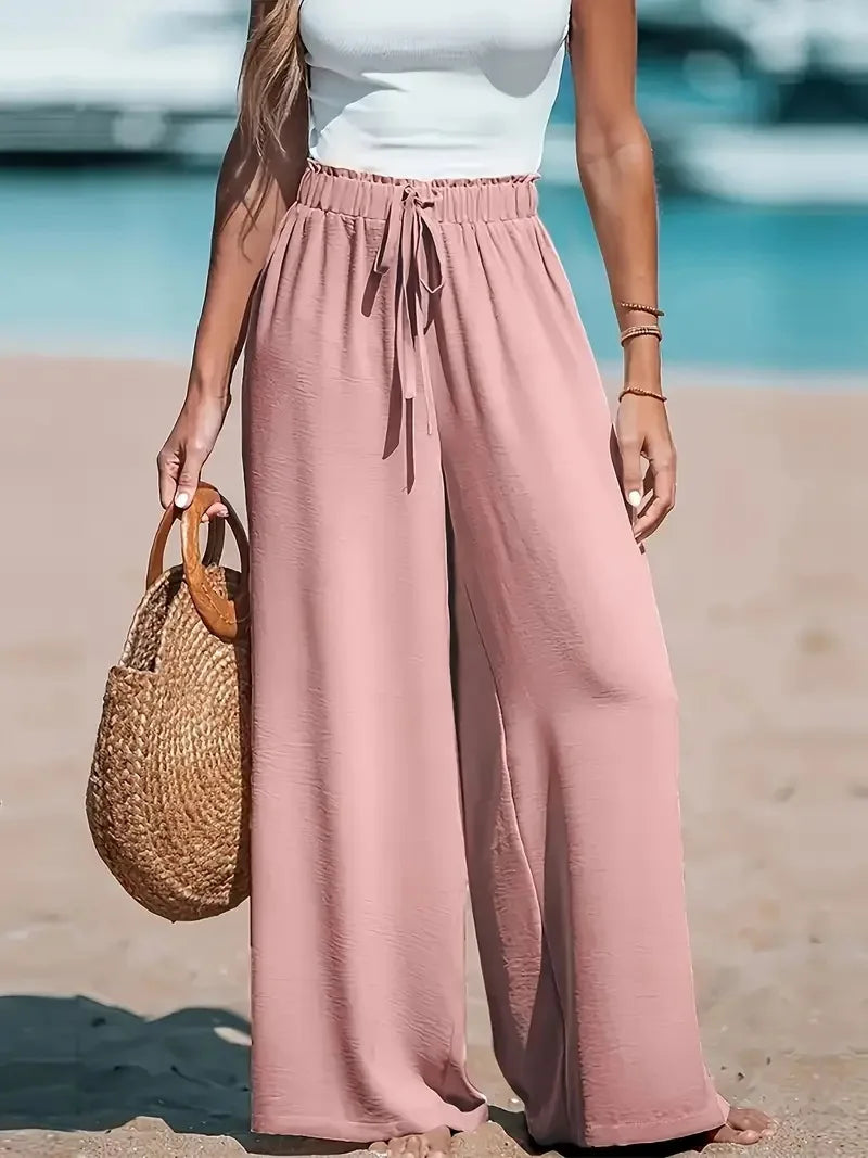 Vacation Style Cotton Linen Wide Leg Pants Women's High Waist Elasto Drawstring Design Loose Dipping Sense Straight Casual Beach