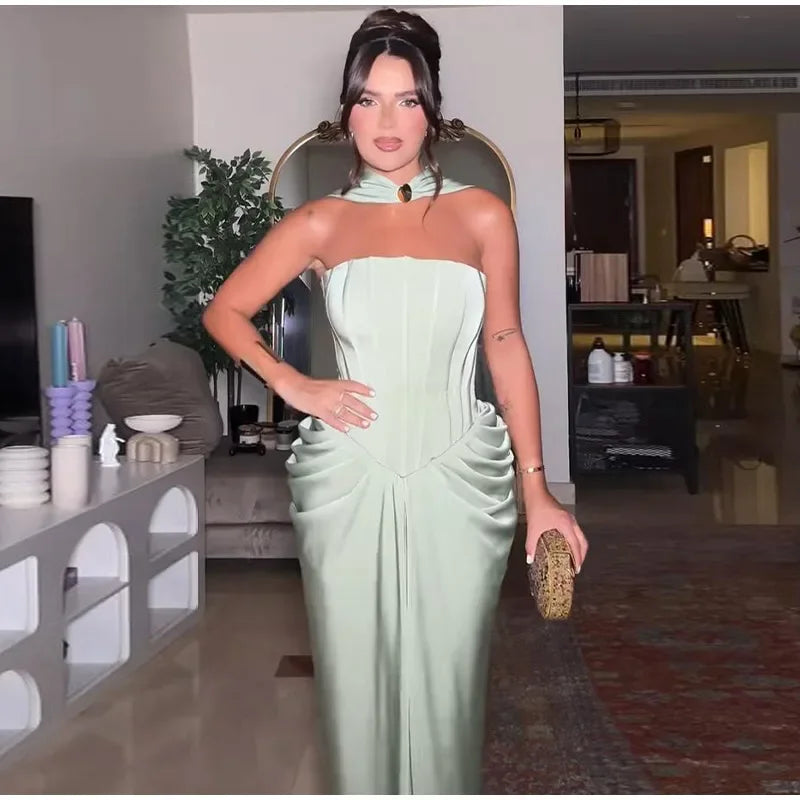 Elegant Long Dress Women Strapless Sleeveless Scarf High Waist Vestidos Female 2025 Spring Summer New Chic Lady Evening Dresses