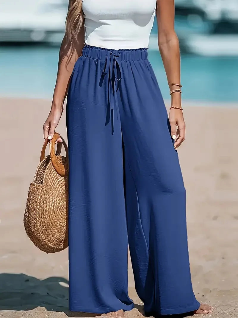 Vacation Style Cotton Linen Wide Leg Pants Women's High Waist Elasto Drawstring Design Loose Dipping Sense Straight Casual Beach