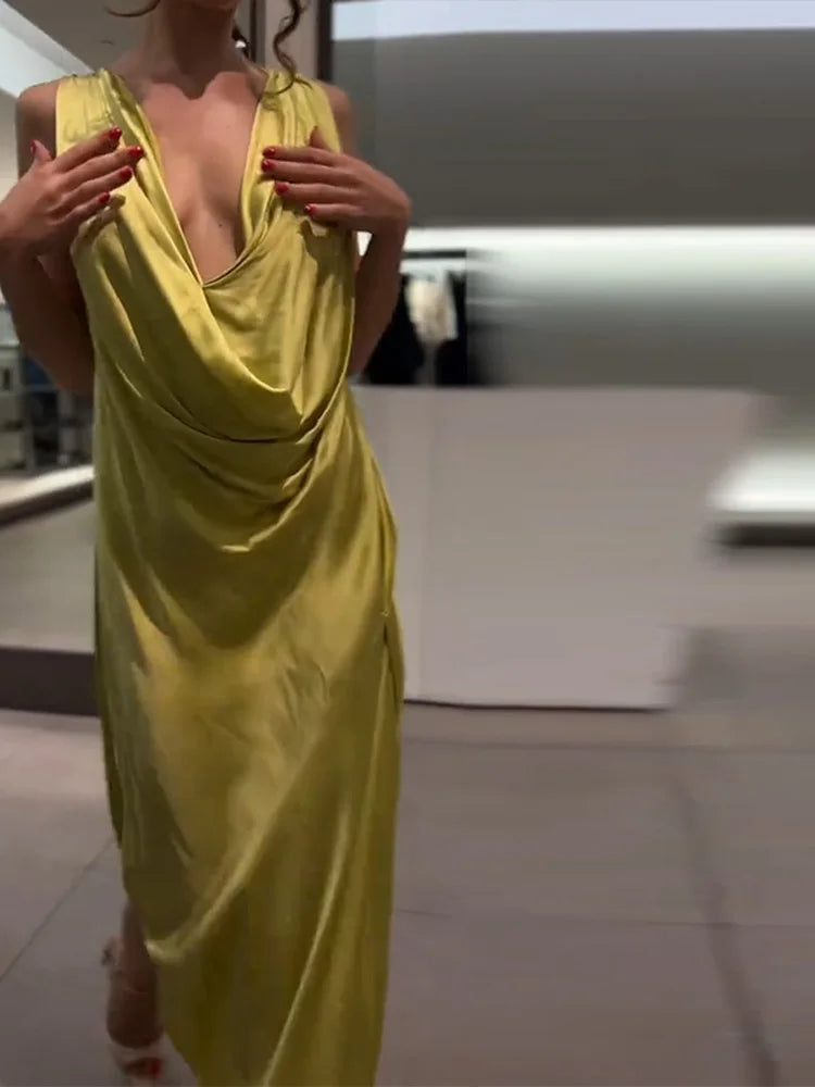 Elegant Pleated Backless Split Long Dress Women Sleeveless High Waist Green 2025 Summer New Holiday Party Dresses Street Robe