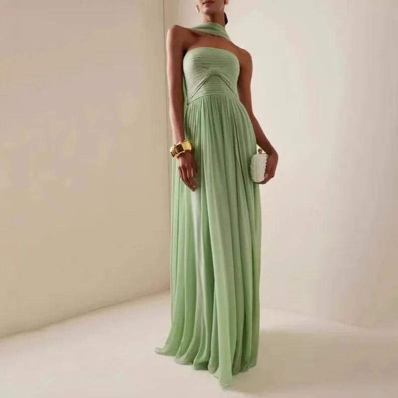 Summer Elegant Off Shoulder Lady Chic Evening Gown Sexy Green Chiffon Waist Party Long Dress Women Hollow Backless Dresses 2025